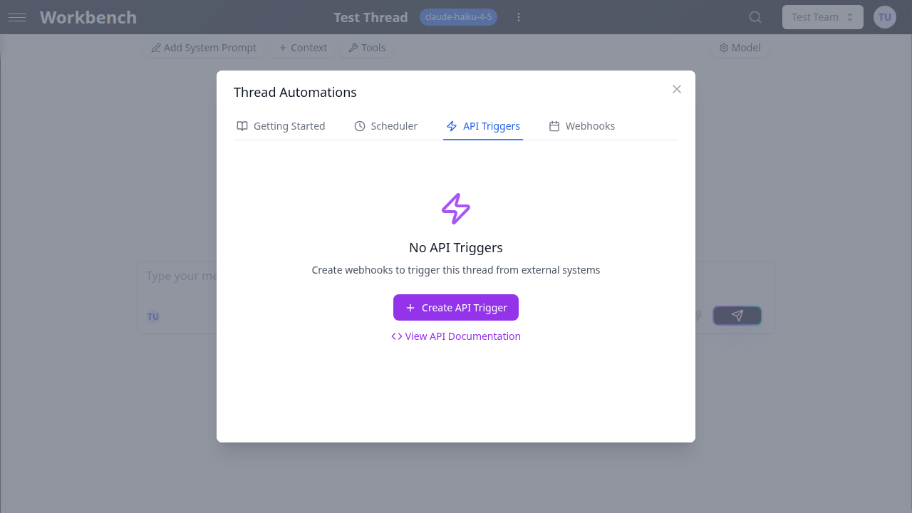API trigger creation form with name, rate limit, and IP whitelist fields