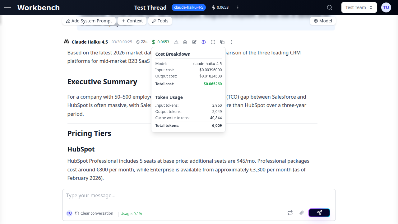 Detailed cost breakdown showing all token categories