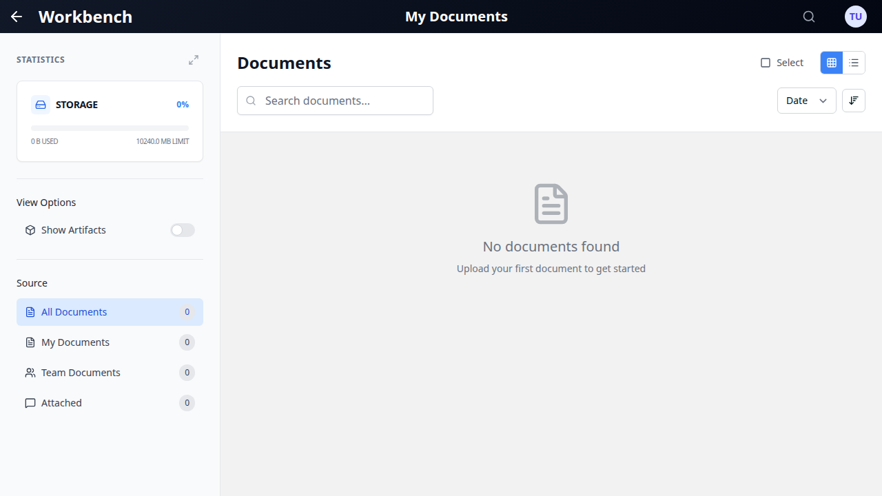 Page des documents en vue grille avec filtres