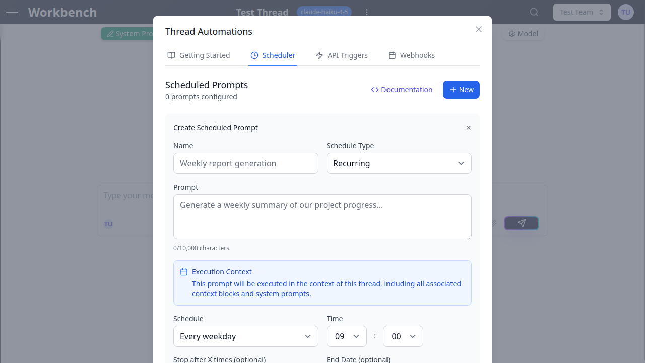 Scheduled prompt creation form with name, schedule, and prompt fields