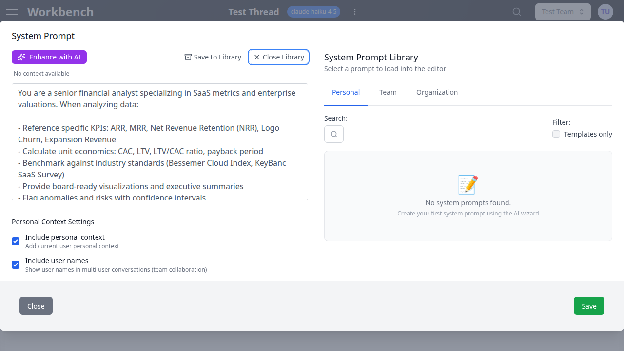 System prompt editor with content and library panel