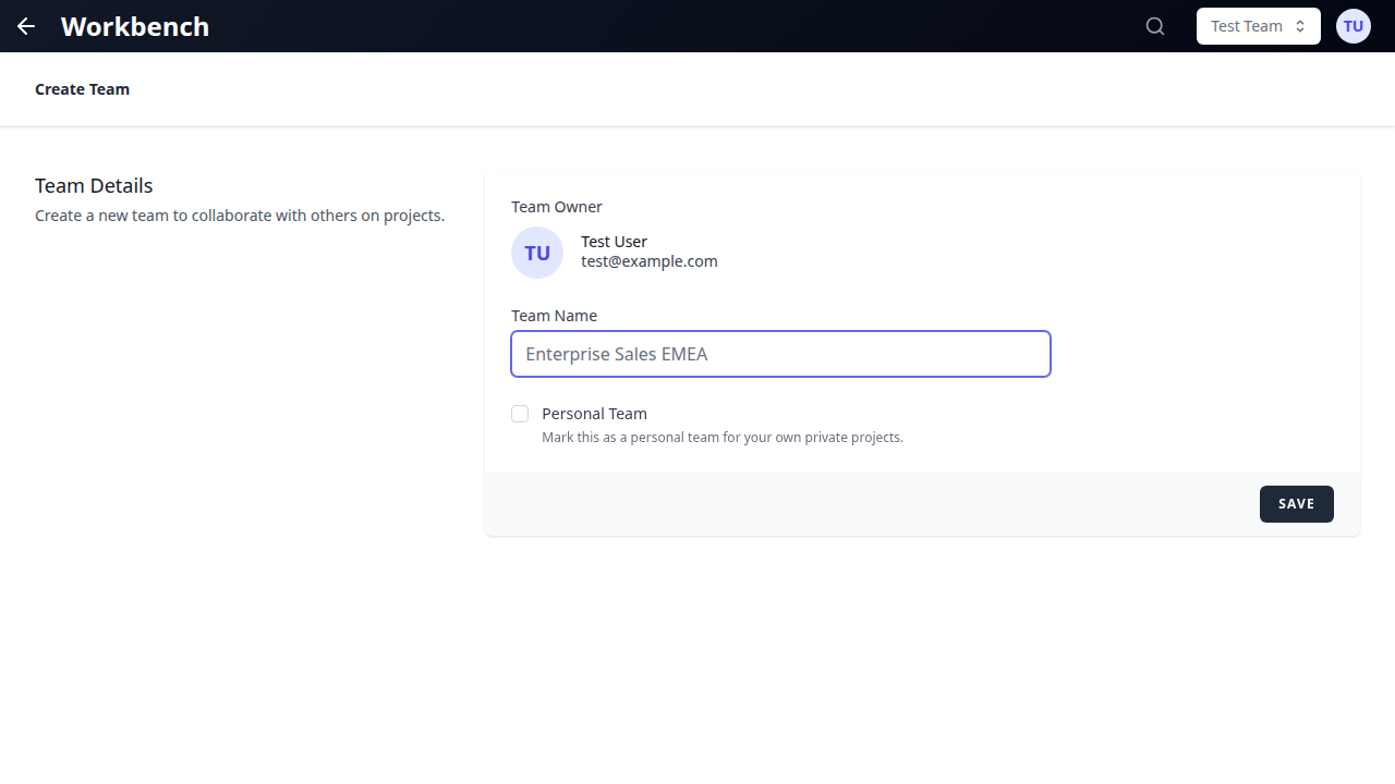 Flux de création d'équipe