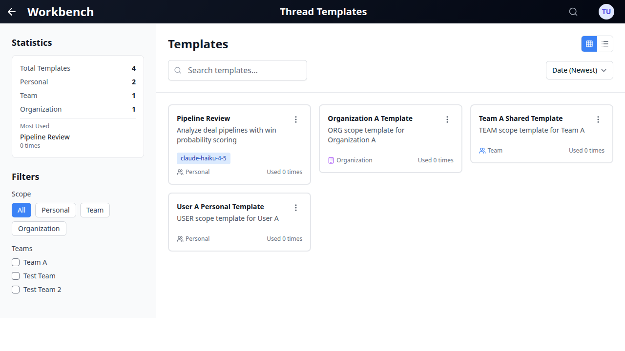 Templates management page with grid view